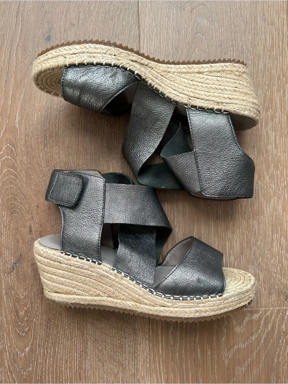 EILEEN FISHER Metallic Grey Suede Willow Wedge Espadrille Sandals